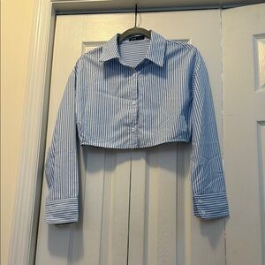 Blue and White Striped Cropped Shirt